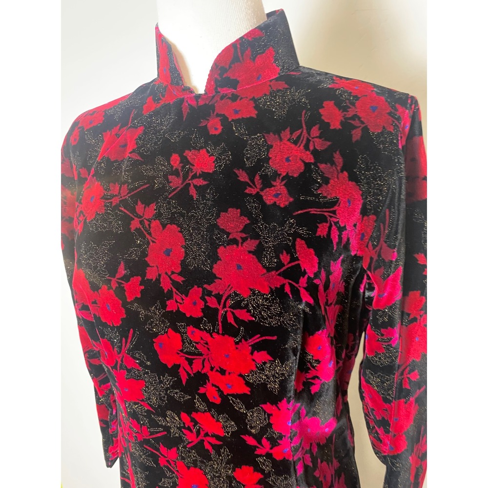 Vintage 60s 70s Black Fuschia Floral Velvet Sparkles Cheongsam Maxi Dress M/L - Picture 2 of 8